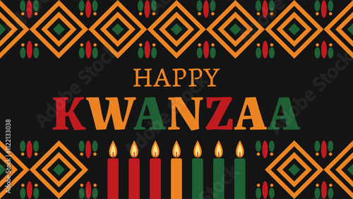 Happy kwanzaa banner with abstract ornament celebrating annual holiday. Vector illustration.