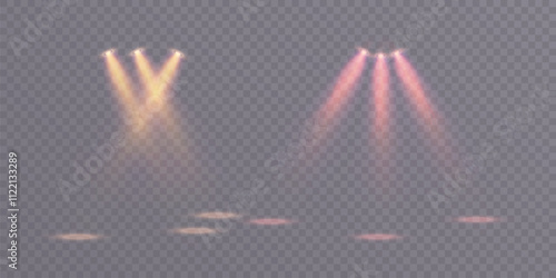 Light sources, concert lighting, stage spotlights. Spotlight beam with the effect of bright flickering light. Vector	
