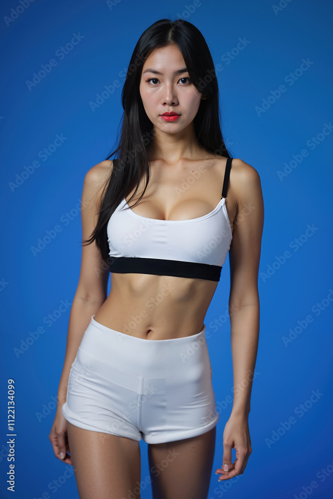 Fototapeta premium Asian woman with long dark hair, wearing a white sports bra and shorts, standing against a blue background, arms raised, showcasing toned muscles.