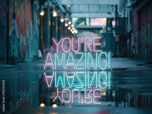 Neon 'You're Amazing' Sign Reflecting on Rain-Soaked Urban Alleyway photo