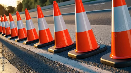 Row of Bright Orange Traffic Cones Alongside a Paved Road in the Sunlight for Safety and Construction Zone

 photo