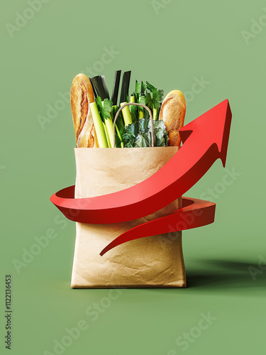 Food prices rises concept. Paper bag full of food with red arrow pointing up on green background. 3D Rendering, 3D Illustration