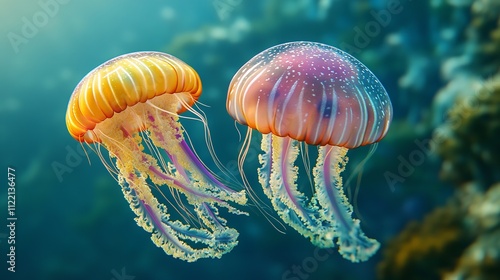  Illustration of Two Colorful Baby Jellyfish in the Sea