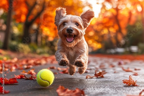 Petit Basset Griffon Vendeen leaps joyfully vibrant floral meadow midday sun focused tennis ball just ahead showcasing its shaggy coat. photo