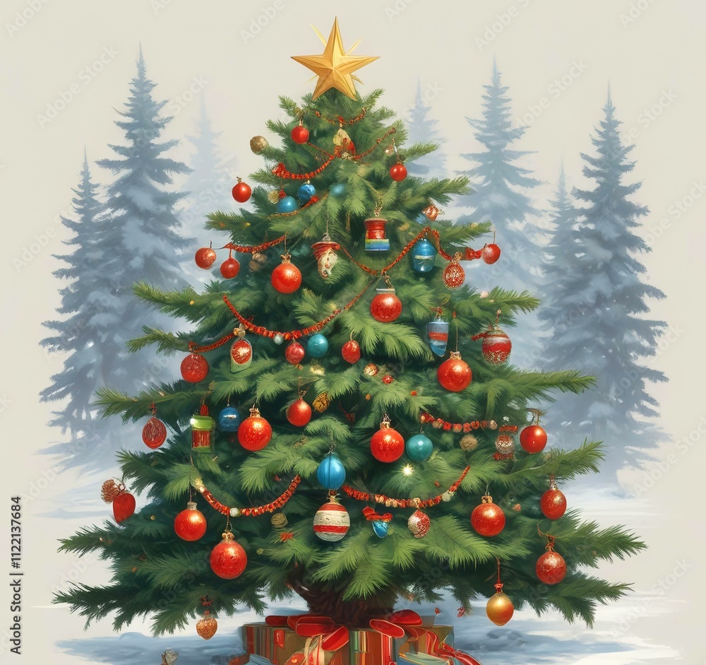 Obraz premium Illustration of decorated Christmas tree.