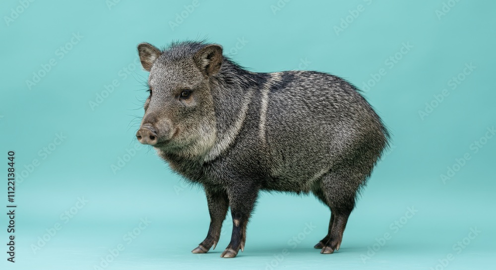 Curious javelina standing against turquoise background for nature and wildlife focused projects
