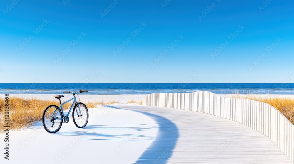 Fototapeta premium Idyllic Beach Pathway with Bicycle Under Clear Blue Sky and Ocean View
