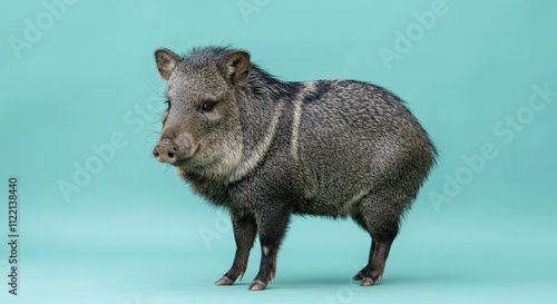 Obraz na płótnie Curious javelina standing against turquoise background for nature and wildlife focused projects w salonie