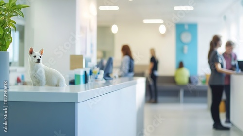Dog at reception desk in modern veterinary clinic