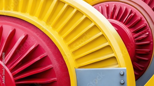 Bright red and yellow industrial turbine blades in close-up, showcasing vibrant colors and geometric patterns, AI photo