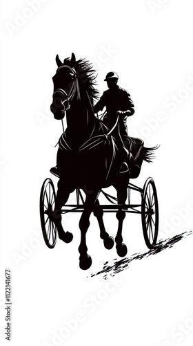 Silhouette of a Trotting Horse Racing With a Sulky and Driver in Vector Illustration Style. Generative AI