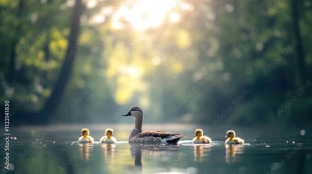 Fototapeta premium Mother duck with ducklings on a tranquil river in a sunlit forest.