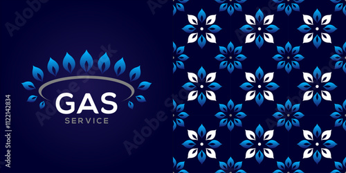 Sign or logo template Gas service. Extraction, maintenance, repair of gas equipment. Seamless background for printing on paper, packaging, souvenirs