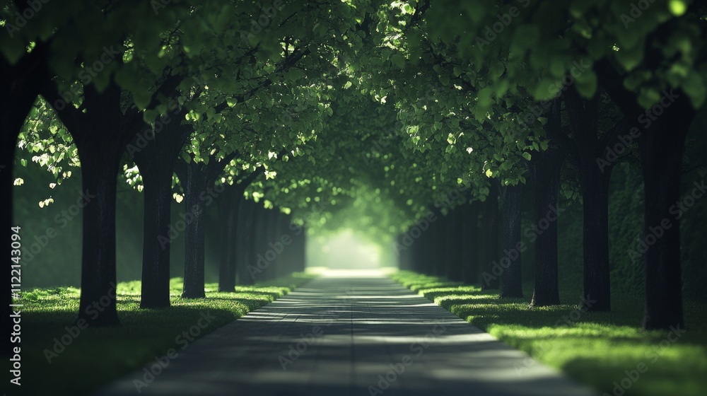 Obraz premium Serene tree-lined path in a tranquil setting.