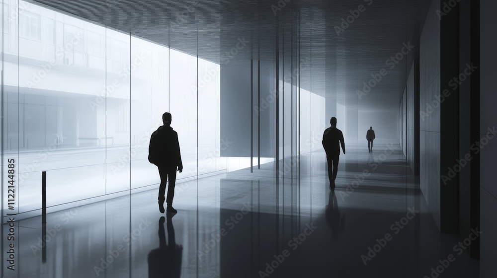 Fototapeta premium Silhouettes of people in a modern workspace.