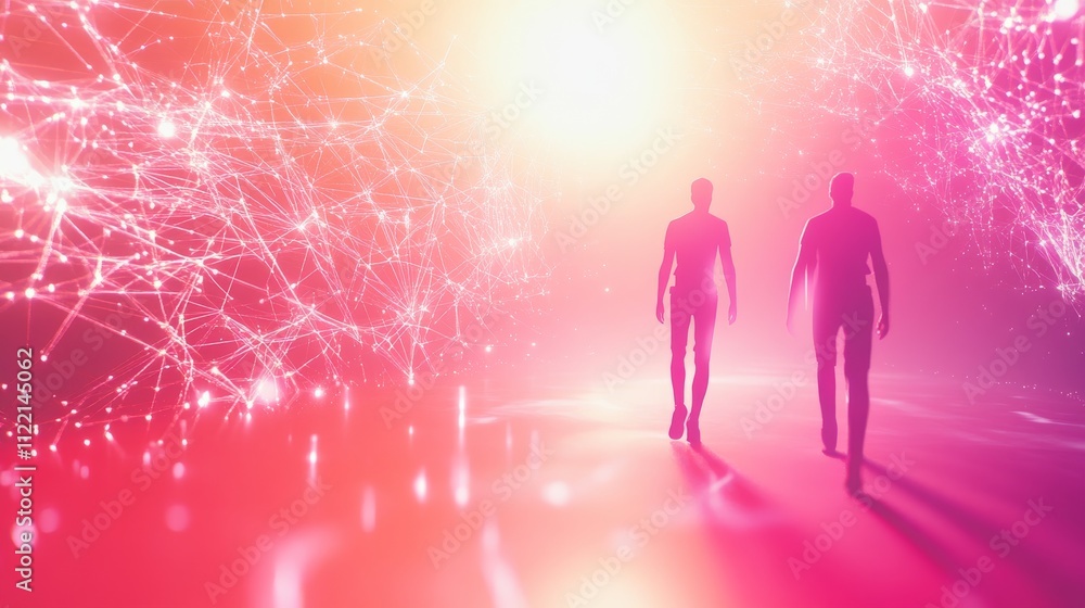 Fototapeta premium Silhouettes walking in vibrant digital landscape.