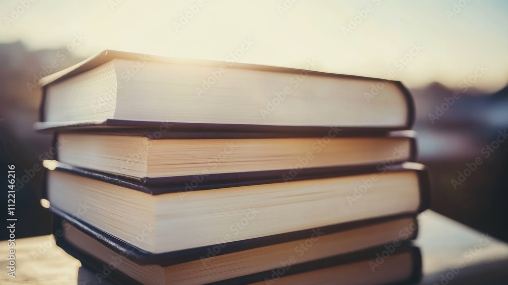 Fototapeta premium Stack of books under soft sunlight glow