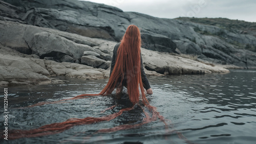 Very Long Red Hair Girl in Mountain Lake Water photo