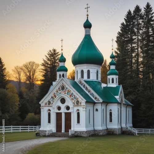 Beautiful green domed church nestled in nature during a serene sunset in a tranquil forest setting. Generative AI photo