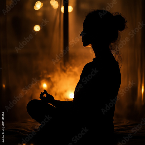 Silhouette of a woman meditating in candlelit room at night photo