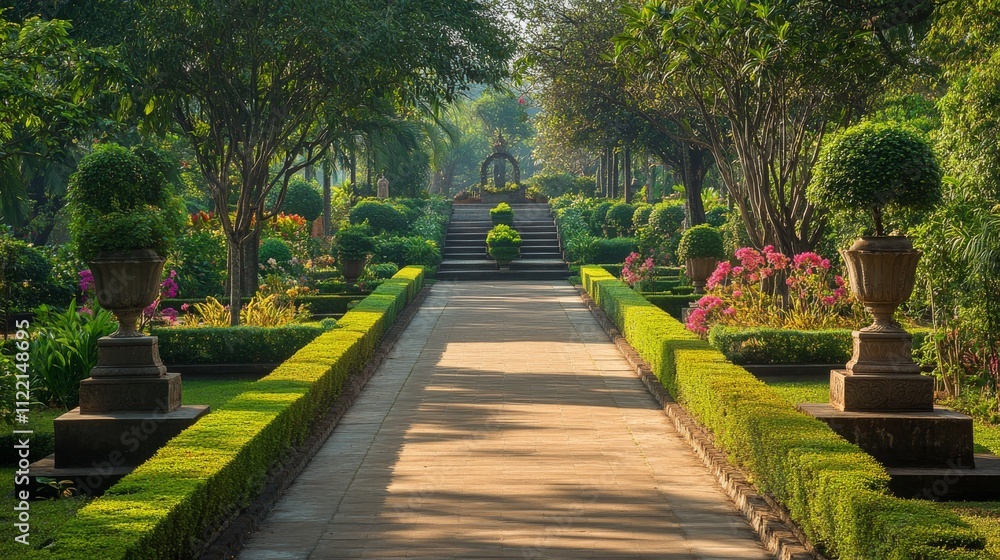 Obraz premium Tranquil garden path with lush greenery.