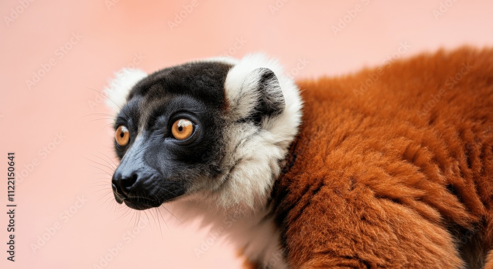 Obraz premium Close-up of a red ruffed lemur against a soft pink background