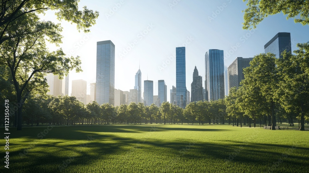 Obraz premium Urban skyline with green park under sunlight.