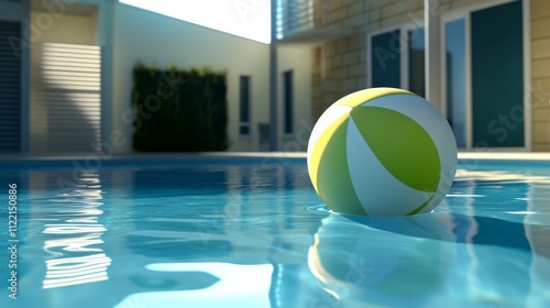 Vibrant beach ball floating in clear water. photo