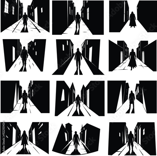 night man dark alley vector set. silhouette black, street city, road white night man dark alley character. people flat cartoon illustration .