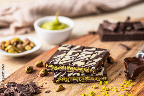 Homemade Dubai chocolate with white and dark chocolate, pistachio cream, kadayif and pistachios on wooden background