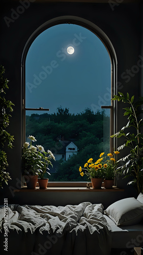 moon and sky view from the window in night, empty bedroom, flowers, natural view, 300dpi  photo