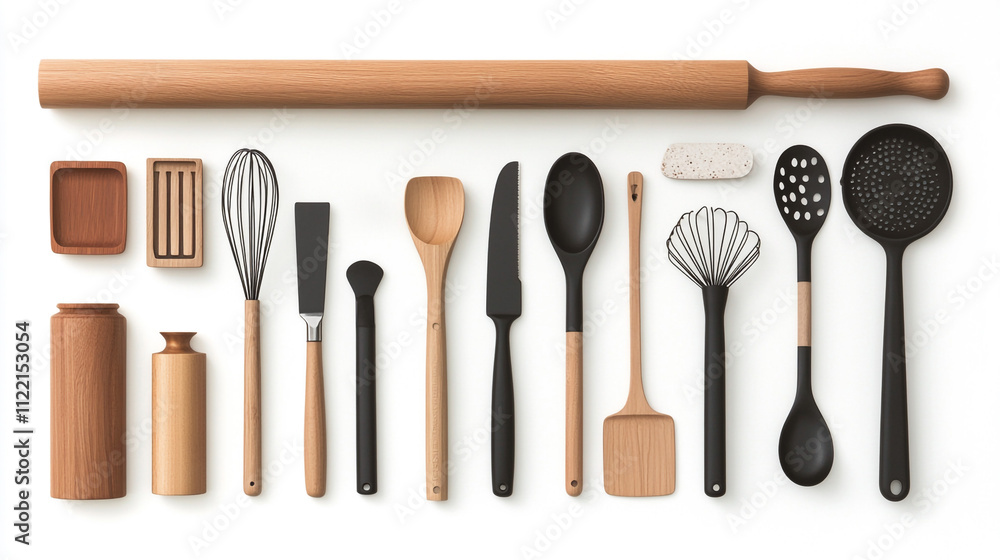 Stylish Kitchen Utensils Wooden Black Cooking Tools Flat Lay Stylish Kitchen Utensils Wooden Black Cooking Tools Flat Lay