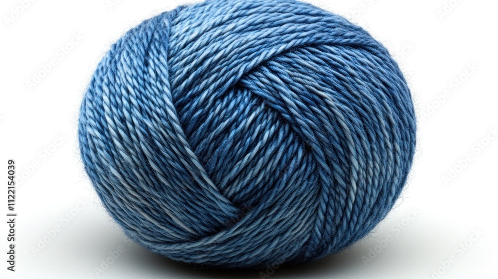 Round ball of textured blue yarn, dyed in shades of light and dark blue.
