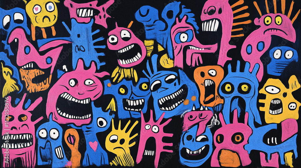 Colorful Monster Crowd Quirky Playful Abstract Painting Colorful Monster Crowd Quirky Playful Abstract Painting