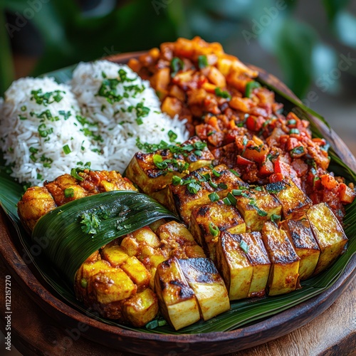 A plate of Sri Lankan lamprais, wrapped in banana leaves, with rice, curries, and fried eggplant photo