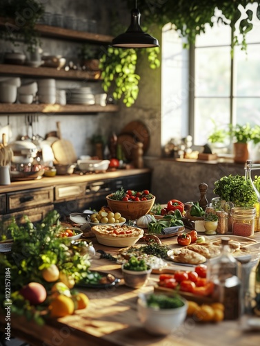 Wallpaper Mural Rustic kitchen with fresh vegetables and herbs in sunlit setting Torontodigital.ca