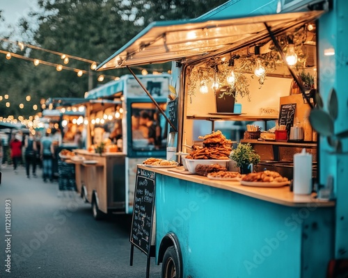 Vibrant food truck scene featuring delicious street food under twinkling lights.