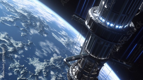 Futuristic space elevator concept above earth sci-fi illustration cosmic view photo