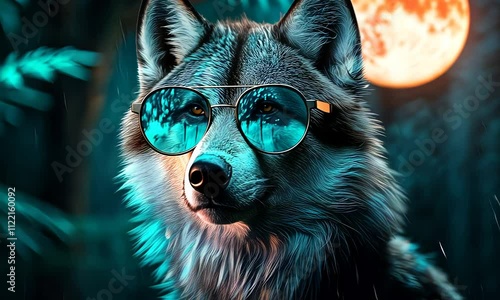 A cool wolf wearing stylish sunglasses with a vibrant backdrop photo