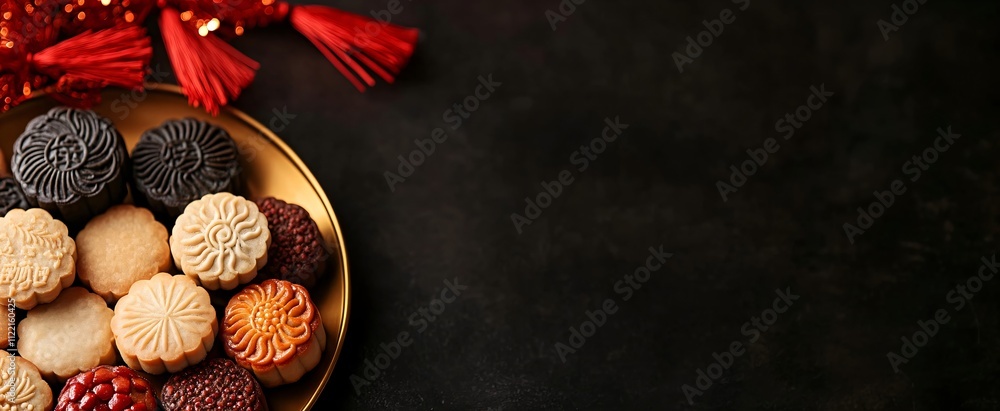 Fototapeta premium Chinese New Year sweets on golden plate. Traditional festive cookies and red decorations on dark background. Holiday celebration concept with copy space