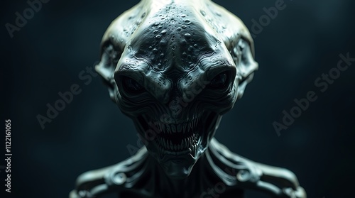 Alien Close-Up: A chilling portrait of an extraterrestrial creature with piercing eyes, a menacing grin, and a dark, shadowy background. photo