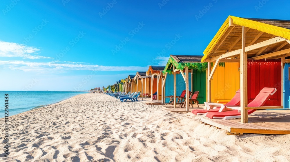 Fototapeta premium Colorful beach huts line a pristine, sandy shore under a vibrant blue sky.