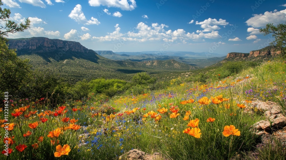 Fototapeta premium Vibrant wildflowers bloom in a mountain valley under a bright blue sky.