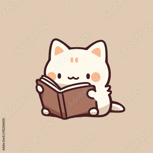 Adorable Cartoon Cat Reading a Book in Minimalist Style. Cute Cat Vector.