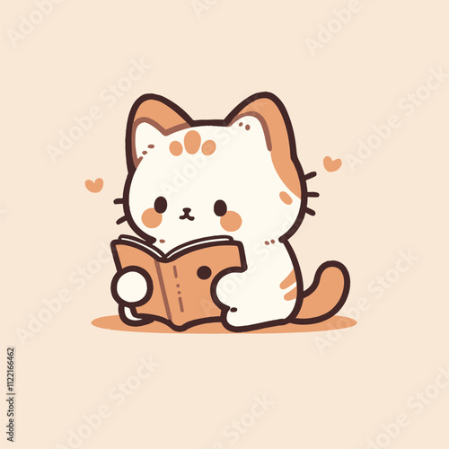 Cute Cartoon Cat Reading a Book in Adorable Illustration. Cute Cat Vector.