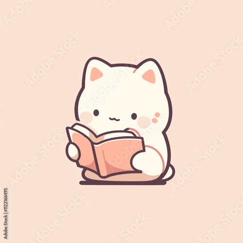 Cute Cartoon Cat Reading a Book on Soft Pastel Background. Cute Cat Vector.