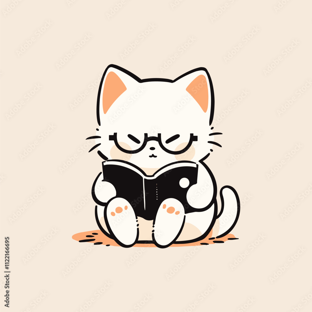 Obraz premium Adorable Cat Reading a Book in Minimalist Cartoon Style. Cute Cat Vector.