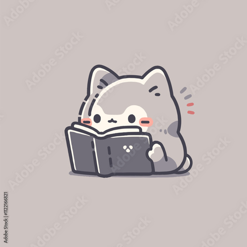 Adorable Cartoon Cat Reading a Book in Minimalist Style. Cute Cat Vector.