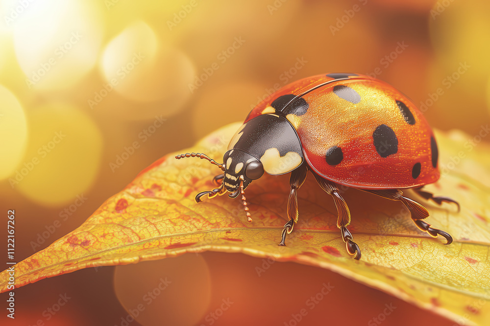 Fototapeta premium close up of fashionable ladybug resting on vibrant autumn leaf, showcasing its iridescent colors and distinct black spots. warm background adds magical touch