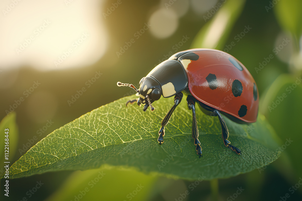 Fototapeta premium close up of ladybug resting on green leaf, showcasing its vibrant red body with black polka dots. soft sunlight enhances natural beauty of this small insect